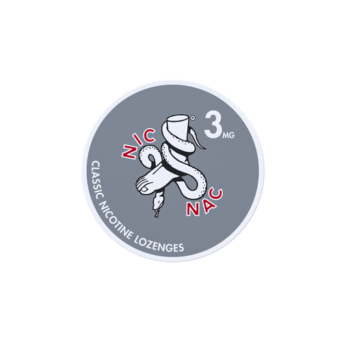 Nic Nac Nicotine Lozenges classic in white and red writing on a grey tub 3mg