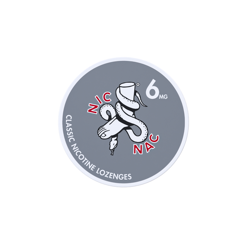 Nic Nac Nicotine Lozenges classic in white and red writing on a grey tub 6mg