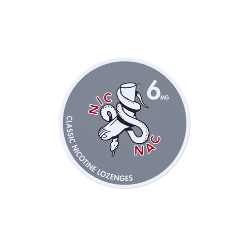 Nic Nac Nicotine Lozenges classic in white and red writing on a grey tub 6mg