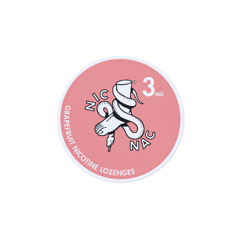 Nic Nac Nicotine Lozenges grapefruit in white writing on a pink tub 3mg