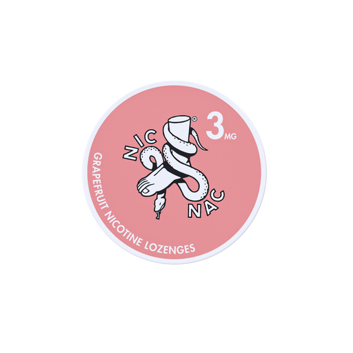 Nic Nac Nicotine Lozenges grapefruit in white writing on a pink tub 3mg