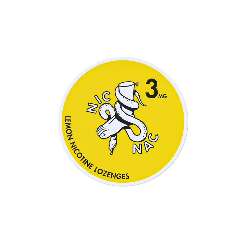 Nic Nac Nicotine Lozenges lemon in white writing on a yellow tub 3mg