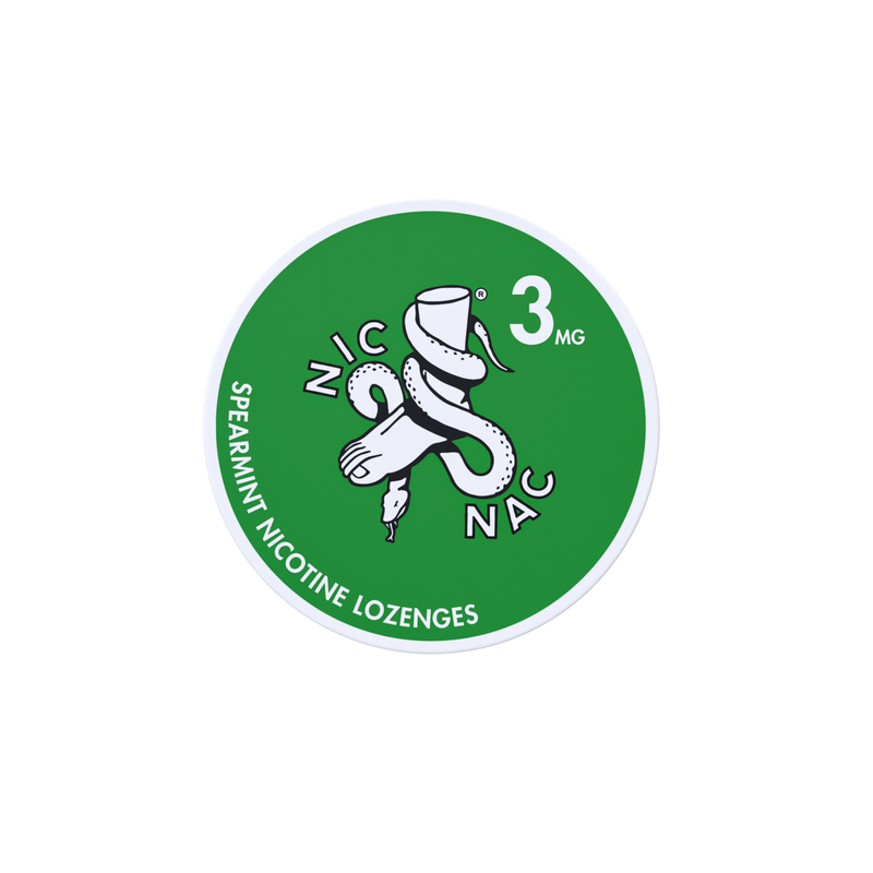 Nic Nac Nicotine Lozenges spearmint in white writing on a green tub 3mg