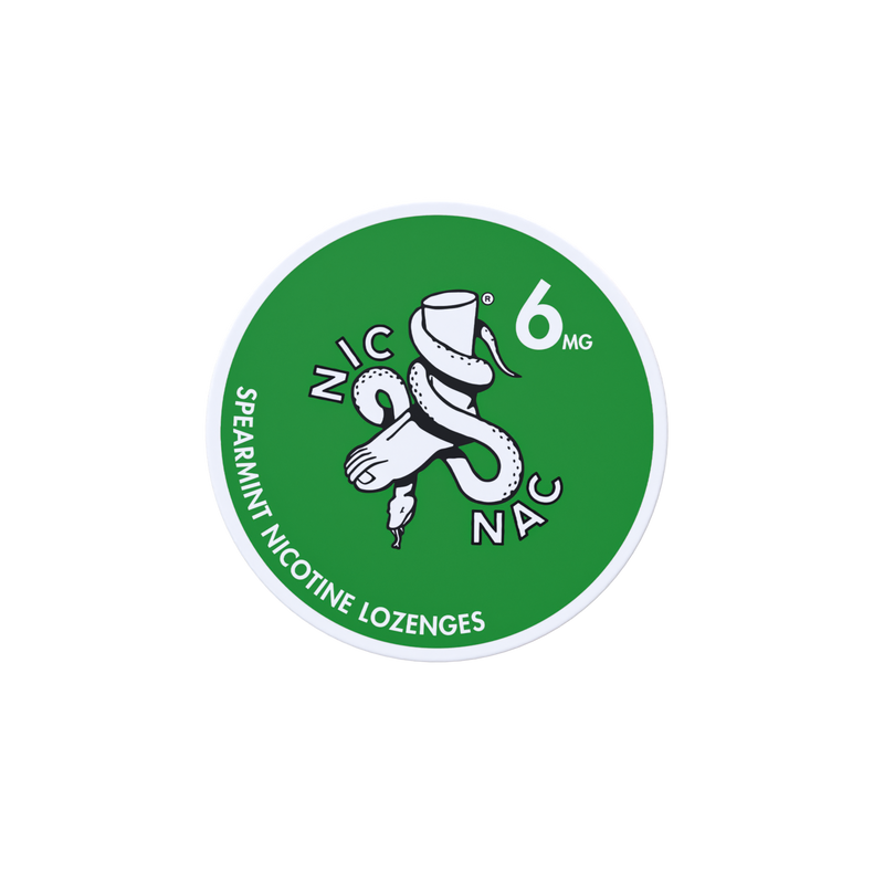 Nic Nac Nicotine Lozenges spearmint in white writing on a green tub 6mg