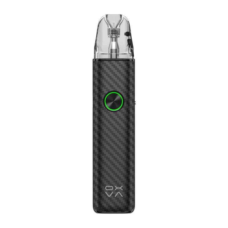 OXVA Xlim 4 pod vape kit in Black Carbon, front view showing the ring light button