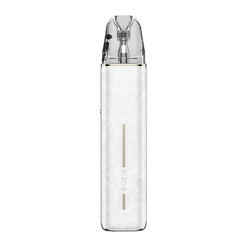 OXVA Xlim 4 in Nacre White, back view with Xlim 4 logo