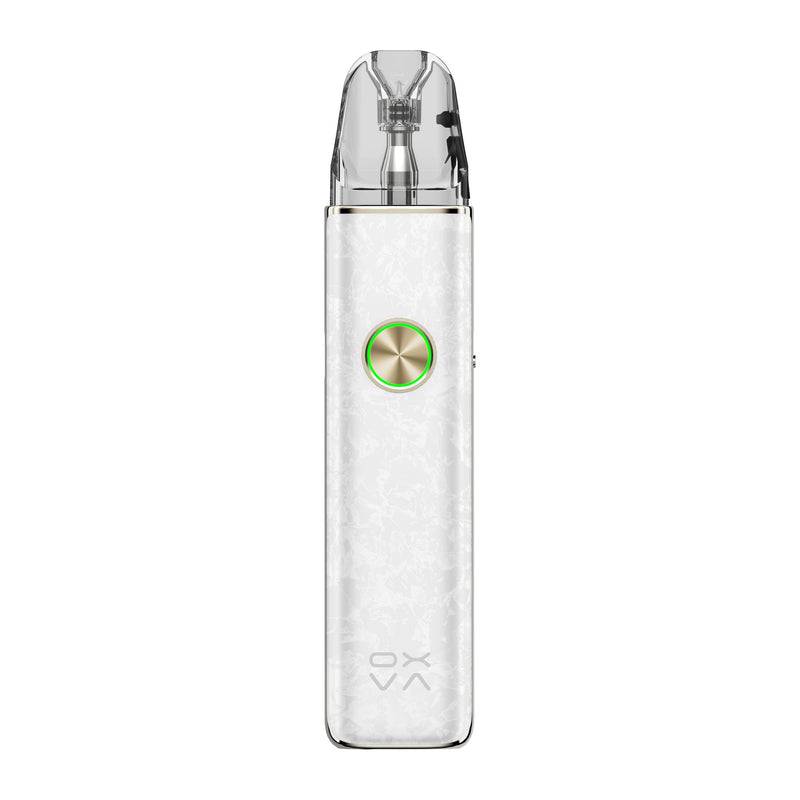 OXVA Xlim 4 pod vape kit in Nacre White, front view showing the ring light button