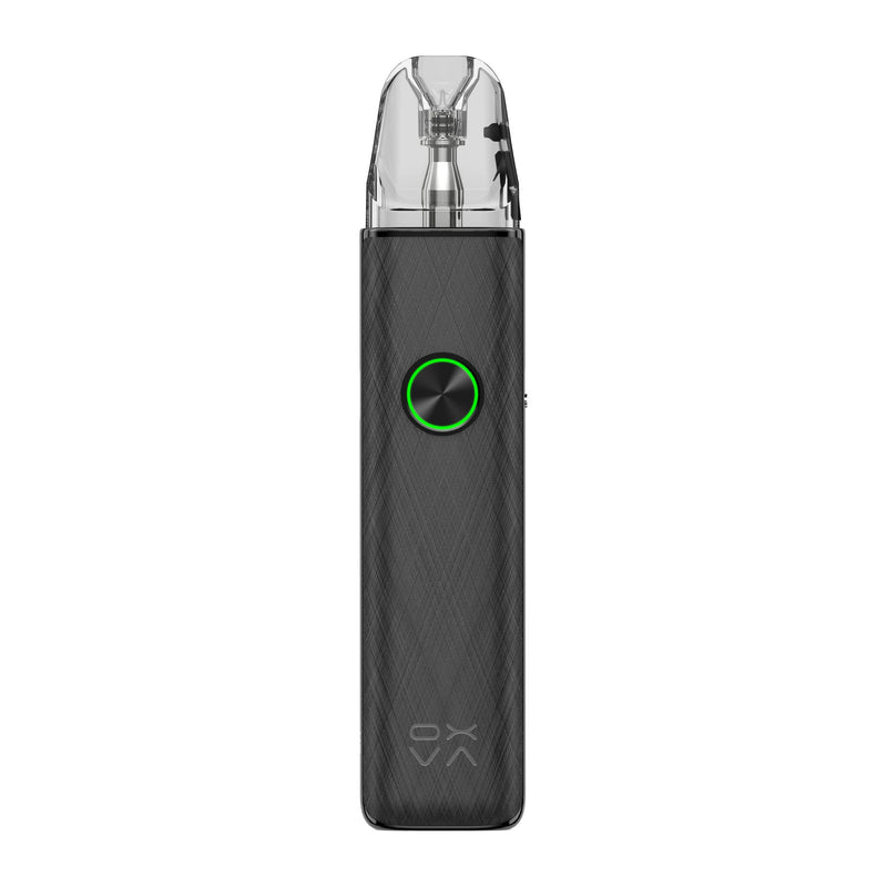 OXVA Xlim 4 pod vape kit in Silken Black Leather, front view showing the ring light button