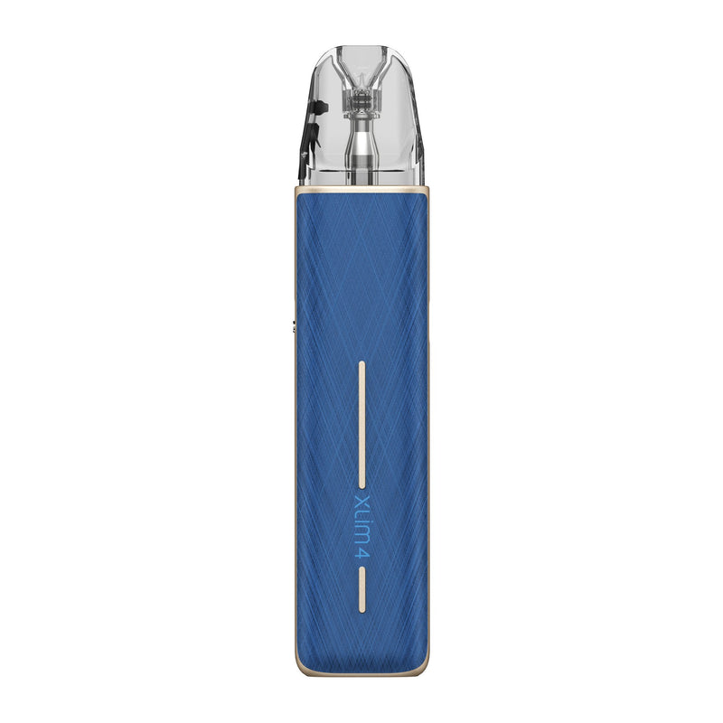 OXVA Xlim 4 in Silken Blue Leather, back view with Xlim 4 logo