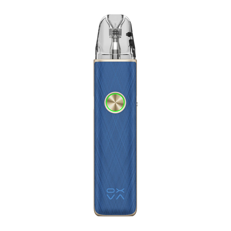 OXVA Xlim 4 pod vape kit in Silken Blue Leather, front view showing the ring light button