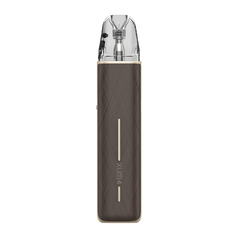 OXVA Xlim 4 in Silken Brown Leather, back view with Xlim 4 logo