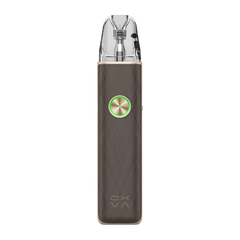 OXVA Xlim 4 pod vape kit in Silken Brown Leather, front view showing the ring light button