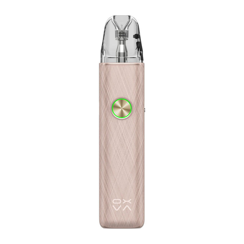 OXVA Xlim 4 pod vape kit in Silken Champagne Leather, front view showing the ring light button