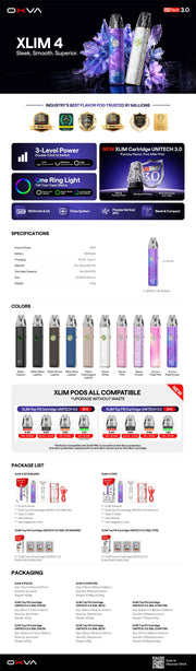 OXVA Xlim 4 specifications, colours and package contents