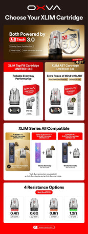 OXVA XLIM cartridge guide comparing ABT and Top Fill cartridges with 0.4, 0.6, 0.8 and 1.2 ohm options