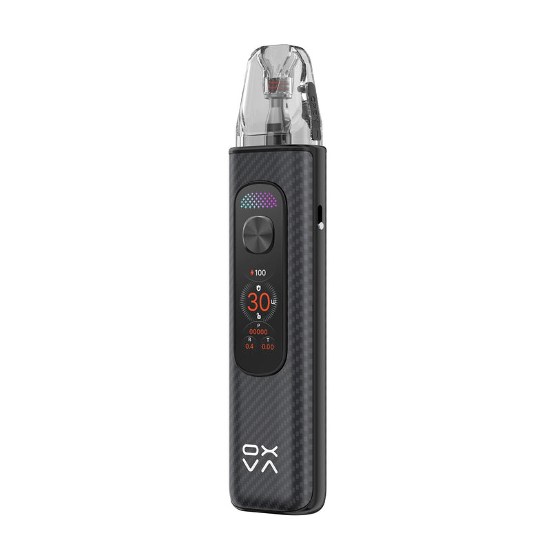 OXVA Xlim Pro 4 in Black Carbon, angled view showing the side airflow slider