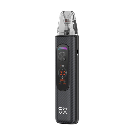 OXVA Xlim Pro 4 in Black Carbon, angled view showing the side airflow slider