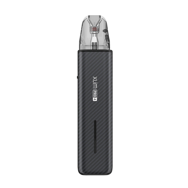 OXVA Xlim Pro 4 in Black Carbon, back view with Xlim Pro 4 logo
