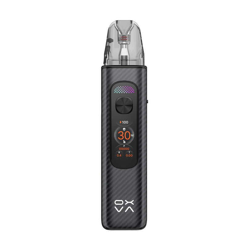 OXVA Xlim Pro 4 pod vape kit in Black Carbon, front view showing the colour screen