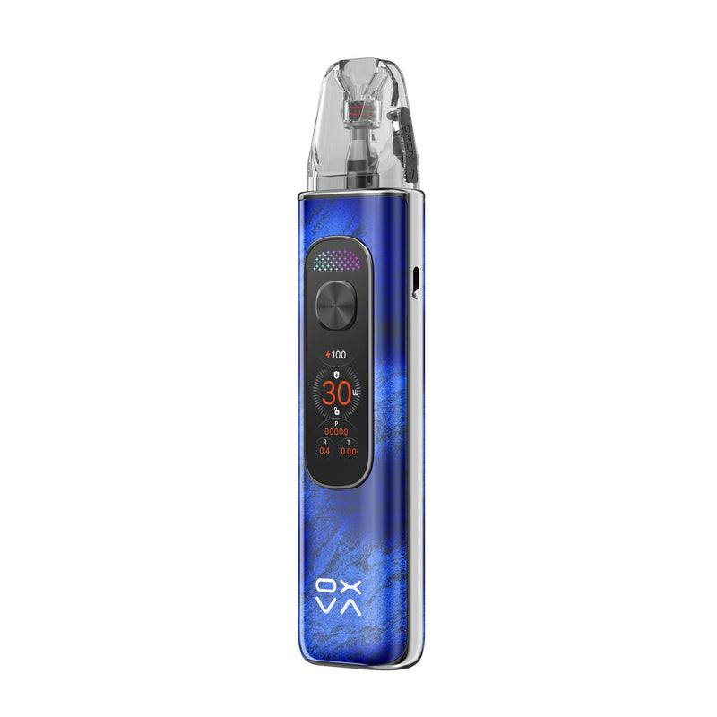 OXVA Xlim Pro 4 in Stardust Blue, angled view showing the side airflow slider