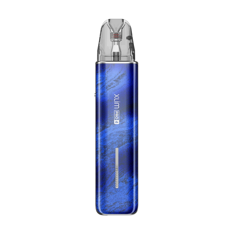 OXVA Xlim Pro 4 in Stardust Blue, back view with Xlim Pro 4 logo