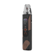 OXVA Xlim Pro 4 in Cocoa Black Leather, angled view showing the side airflow slider