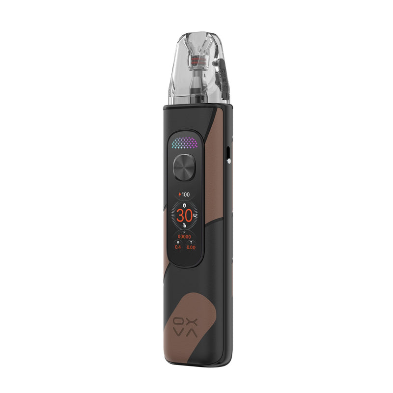OXVA Xlim Pro 4 in Cocoa Black Leather, angled view showing the side airflow slider
