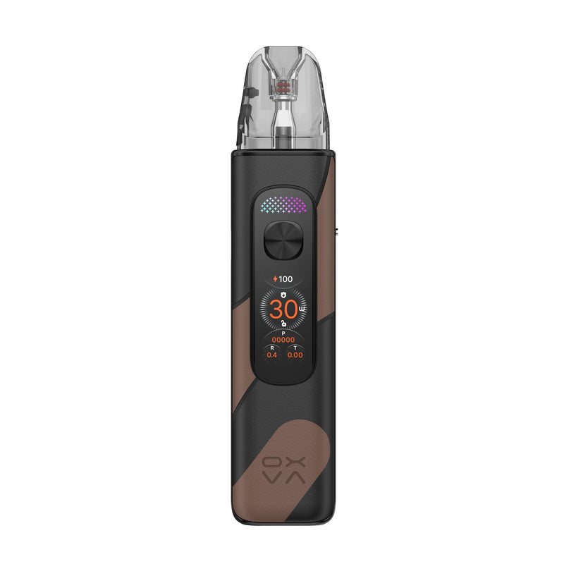 OXVA Xlim Pro 4 pod vape kit in Cocoa Black Leather, front view showing the colour screen