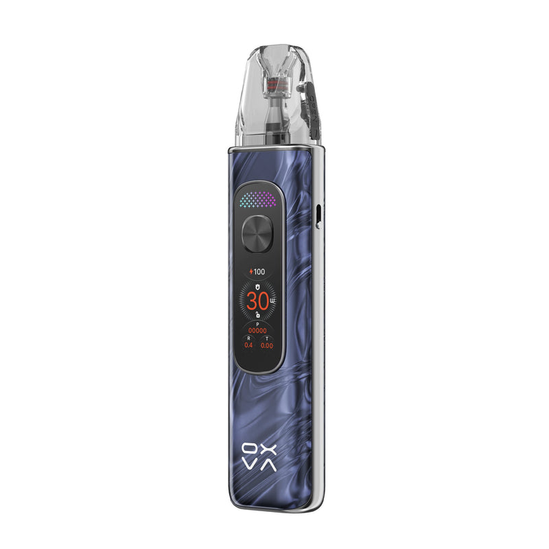OXVA Xlim Pro 4 in Flowing Dark Blue, angled view showing the side airflow slider