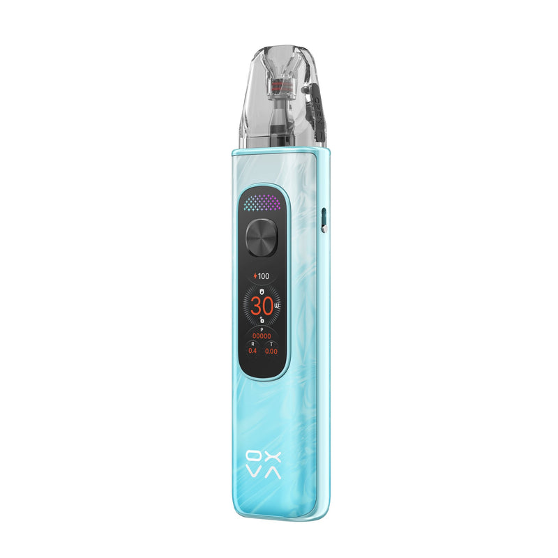 OXVA Xlim Pro 4 in Flowing Ice Blue, angled view showing the side airflow slider