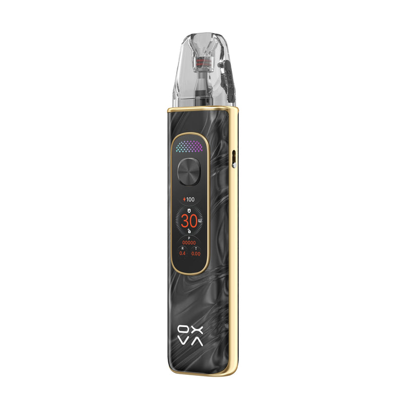 OXVA Xlim Pro 4 in Flowing Midnight, angled view showing the side airflow slider