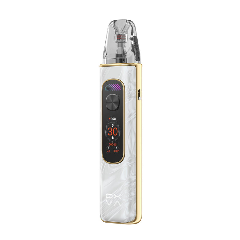 OXVA Xlim Pro 4 in Flowing Moonlight, angled view showing the side airflow slider