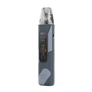OXVA Xlim Pro 4 in Glacier Grey Leather, angled view showing the side airflow slider