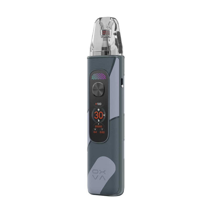OXVA Xlim Pro 4 in Glacier Grey Leather, angled view showing the side airflow slider