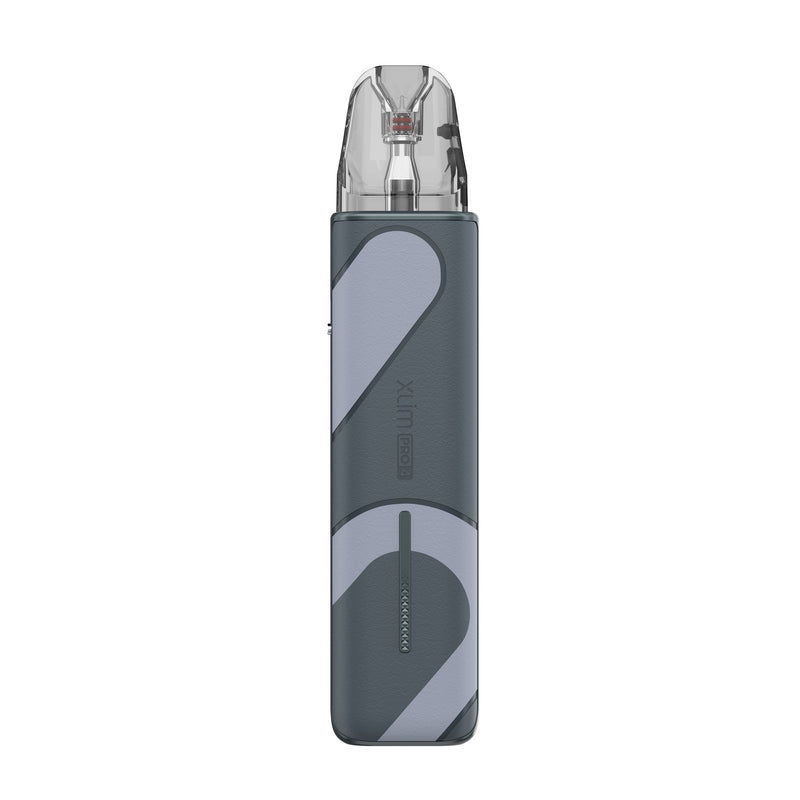 OXVA Xlim Pro 4 in Glacier Grey Leather, back view with Xlim Pro 4 logo