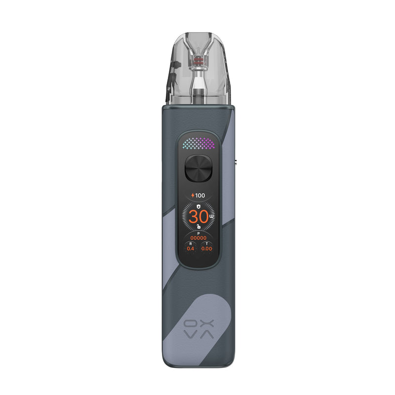 OXVA Xlim Pro 4 pod vape kit in Glacier Grey Leather, front view showing the colour screen