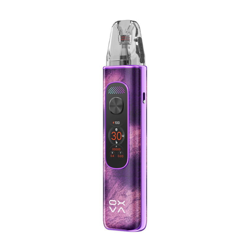 OXVA Xlim Pro 4 in Stardust Purple, angled view showing the side airflow slider