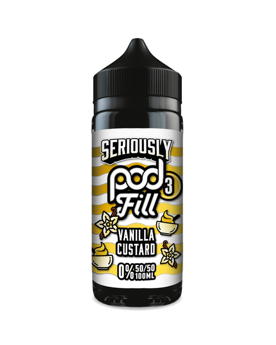 Vape liquid bottle with 'Seriously Pod Fill' label on a white background