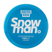 Snowman Nicotine Pouch Arctic kick in white writing on a blue tub 3 dot strength