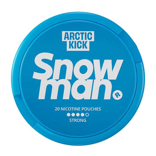 Snowman Nicotine Pouch Arctic kick in white writing on a blue tub 4 dot strength