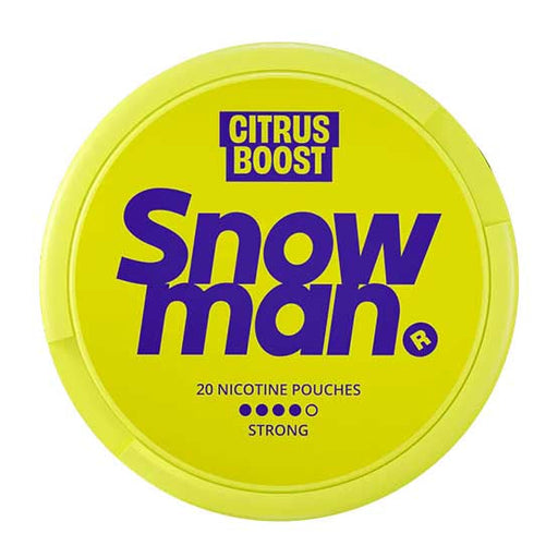 Snowman Nicotine Pouch Citrus boost in purple writing on a yellow tub 4 dot strength