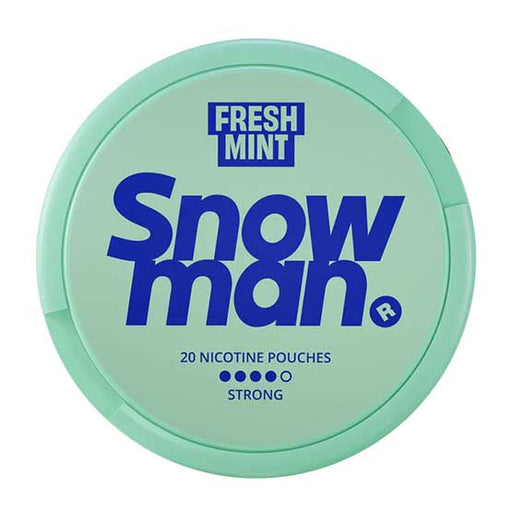 Snowman Nicotine Pouch Fresh mint in blue writing on a green tub 4 dot strength