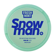Snowman Nicotine Pouch Fresh mint in blue writing on a green tub 3 dot strength