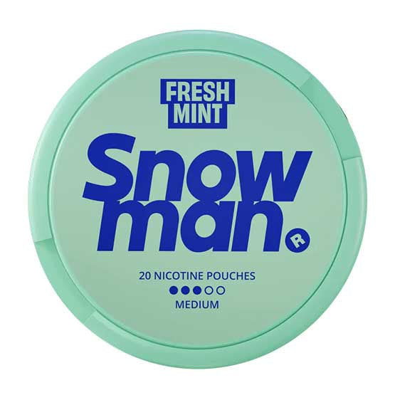 Snowman Nicotine Pouch Fresh mint in blue writing on a green tub 3 dot strength
