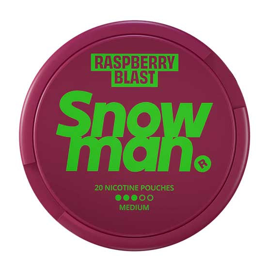 Snowman Nicotine Pouch Raspberry blast in green writing on a burgundy tub 3 dot strength