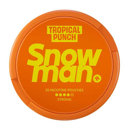 Snowman Nicotine Pouch tropical punch in yellow writing on a orange tub 4 dot strength
