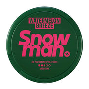 Snowman Nicotine Pouch watermelon breeze in pink writing on a green tub 3 dot strength