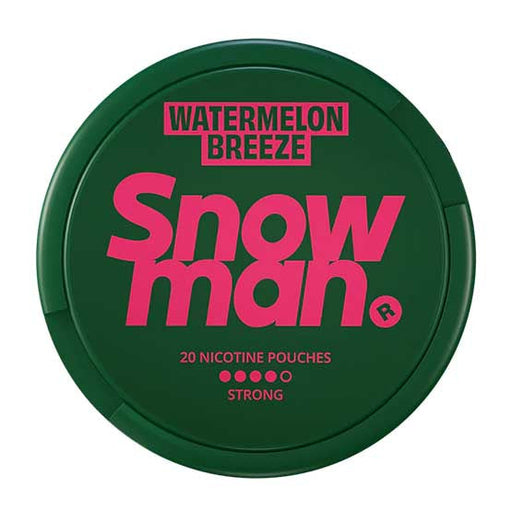 Snowman Nicotine Pouch watermelon breeze in pink writing on a green tub 4 dot strength