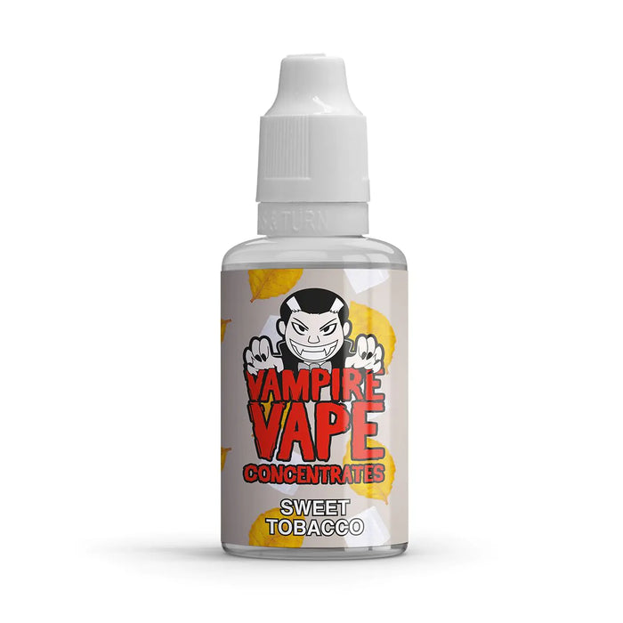 sweet tobacco concentrate 30ml on a white background with tobacco leaves falling and red vampire vape branding