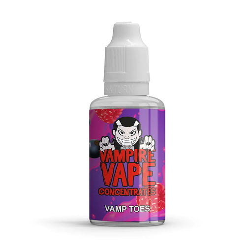 vamp toes concentrate in 30ml bottle with white lid and vampire vape branding on a purple and pink background